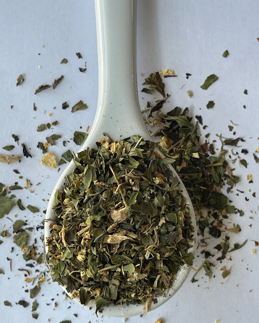 Herbal tea blend with peppermint, nettle leaf, elderflower, red clover, catnip, marshmallow, and eye bright.