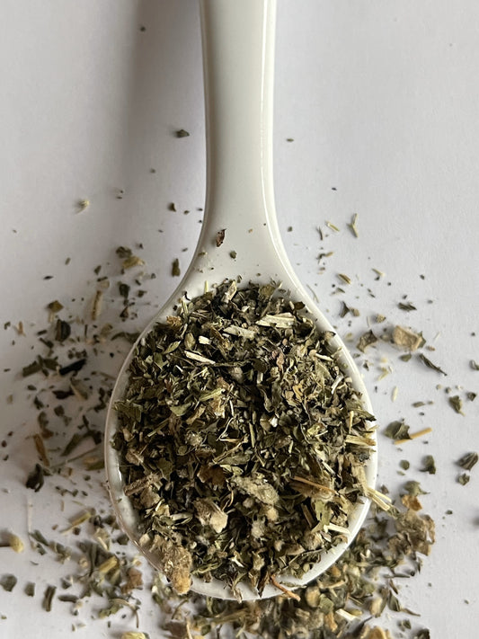 Herbal tea blend with mullein, spearmint, and yarrow.
