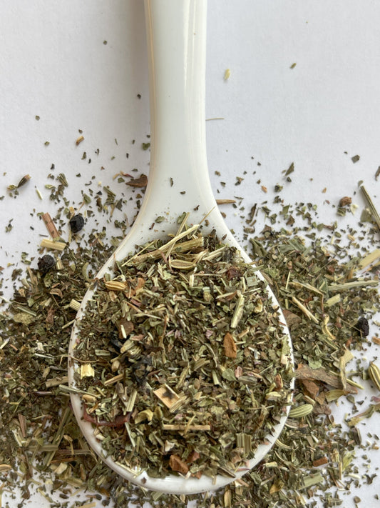 Herbal tea blend with echinacea root, elderberries, cinnamon, fennel, peppermint, lemongrass, spearmint, and rosehips.